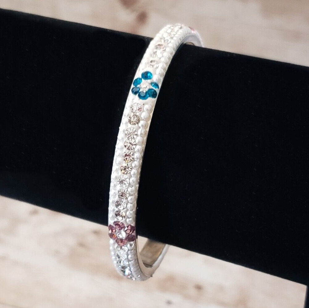 Vintage Bracelet / Bangle - Clear & Multi Colored Gems Flower Detail - 7.25"